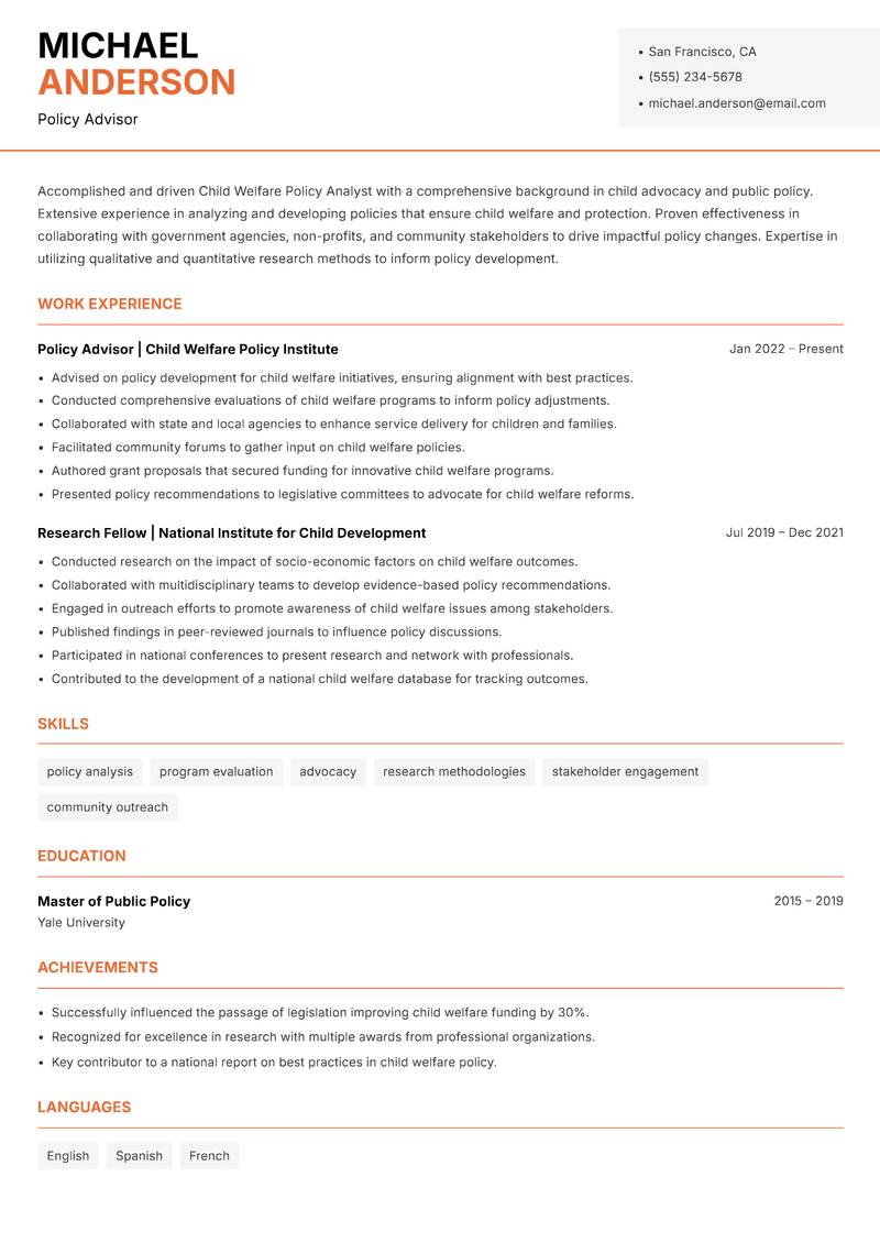 Child Welfare Policy Analyst resume sample — Policy Advisor focus