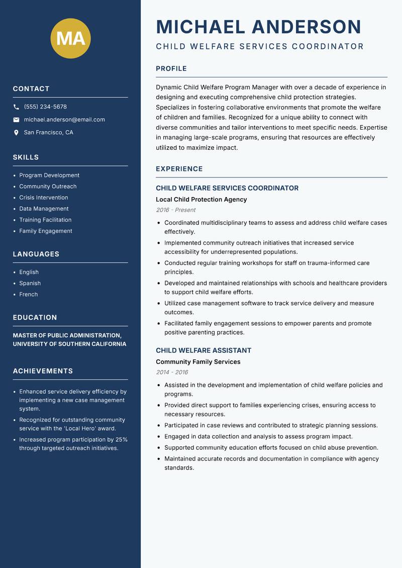 Child Welfare Program Manager resume sample — Child Welfare Services Coordinator focus