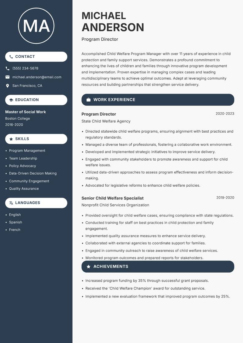 Child Welfare Program Manager resume sample — Program Director focus