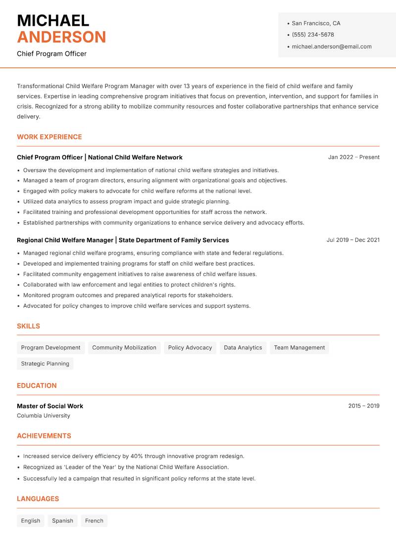 Child Welfare Program Manager resume sample — Chief Program Officer focus