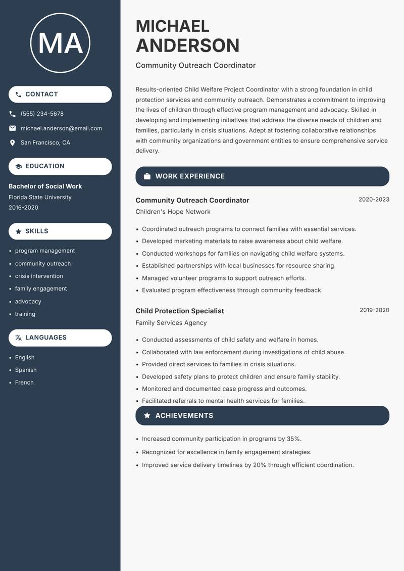 Child Welfare Project Coordinator resume sample — Community Outreach Coordinator focus