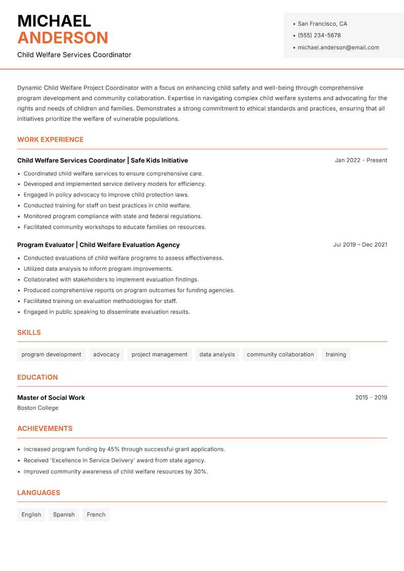 Child Welfare Project Coordinator resume sample — Child Welfare Services Coordinator focus