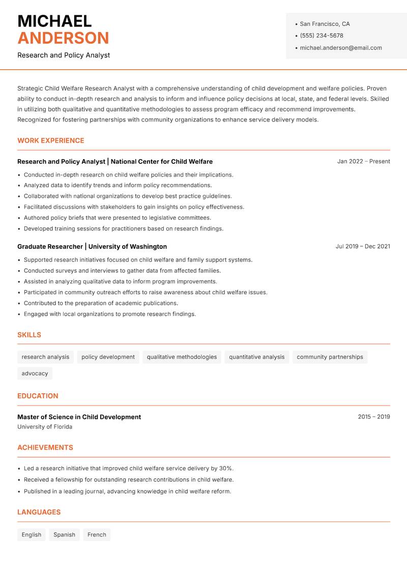 Child Welfare Research Analyst resume sample — Research and Policy Analyst focus