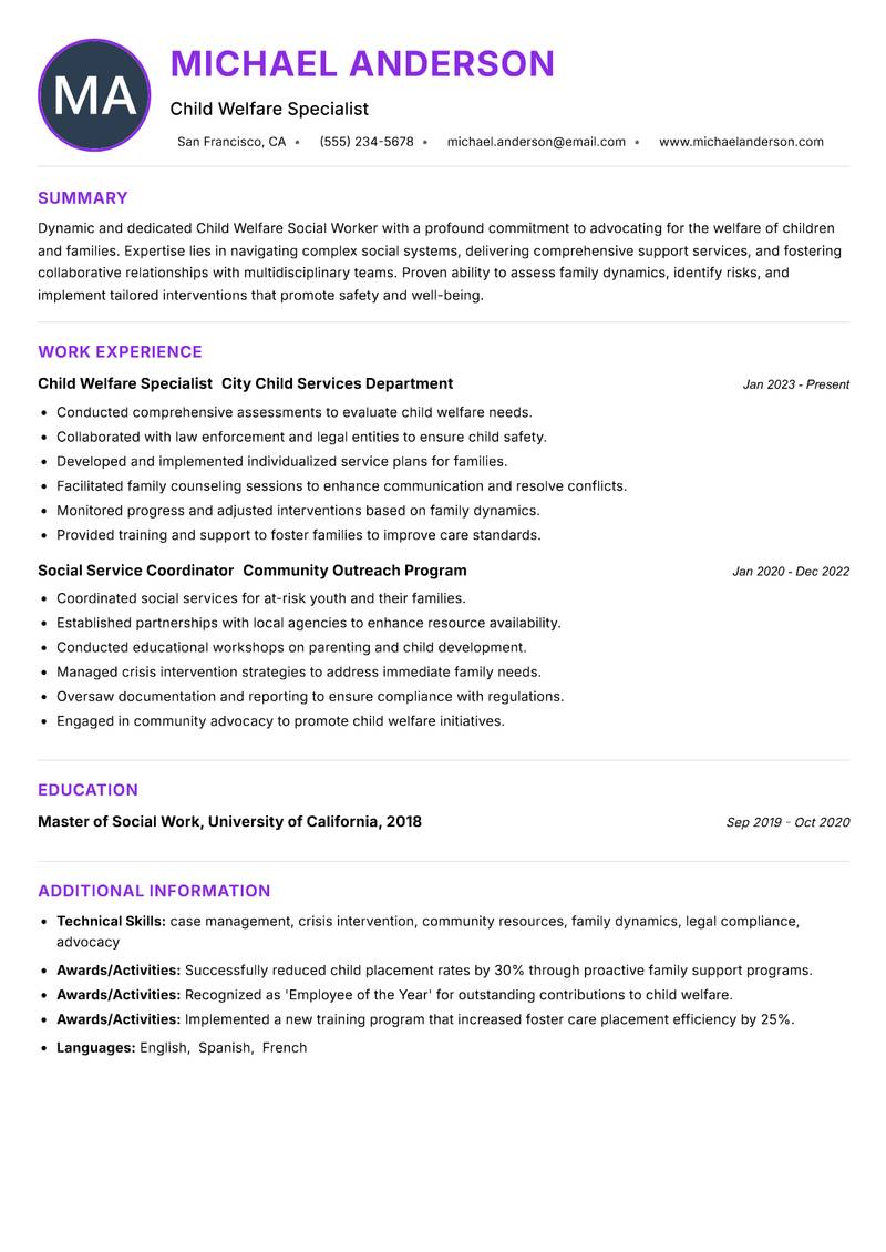 Child Welfare Social Worker resume example
