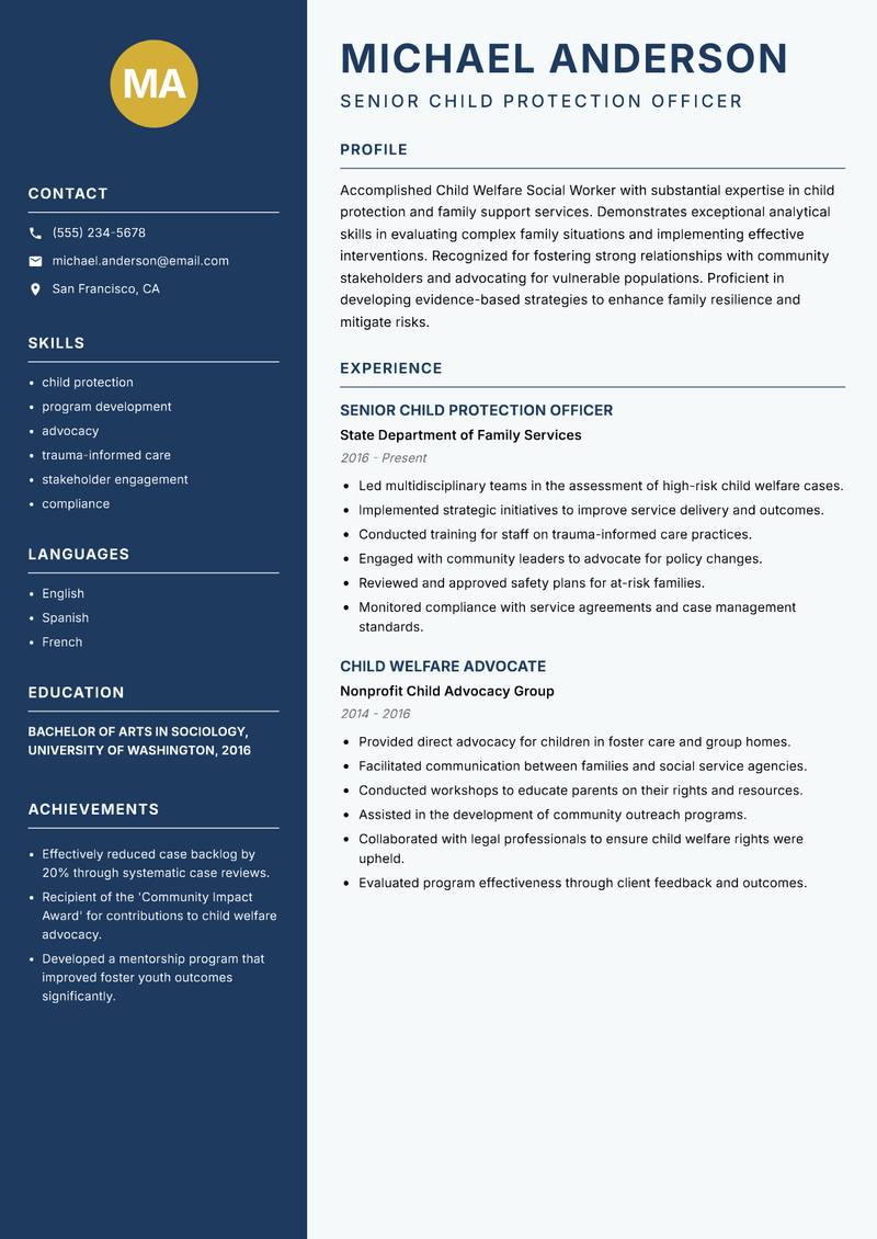 Child Welfare Social Worker resume sample — Senior Child Protection Officer focus