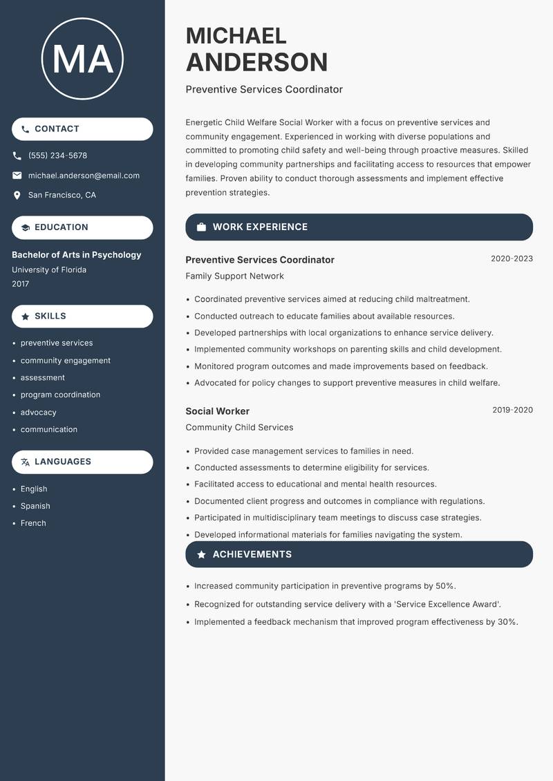 Child Welfare Social Worker resume sample — Preventive Services Coordinator focus