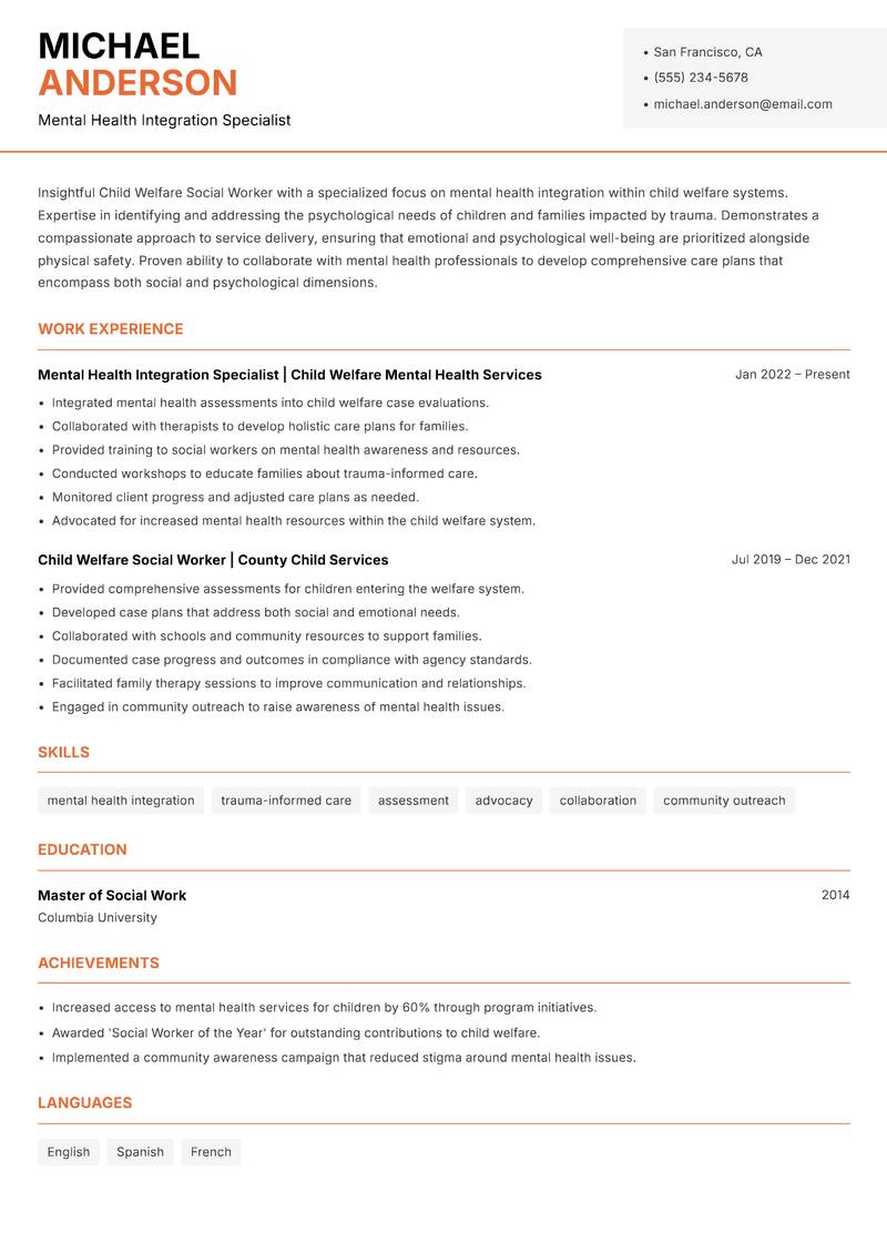 Child Welfare Social Worker resume sample — Mental Health Integration Specialist focus