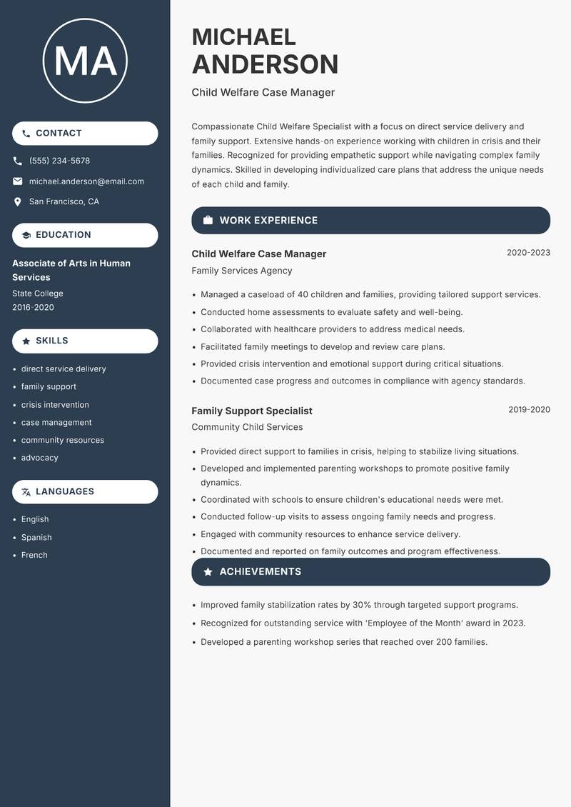 Child Welfare Specialist resume sample — Child Welfare Case Manager focus