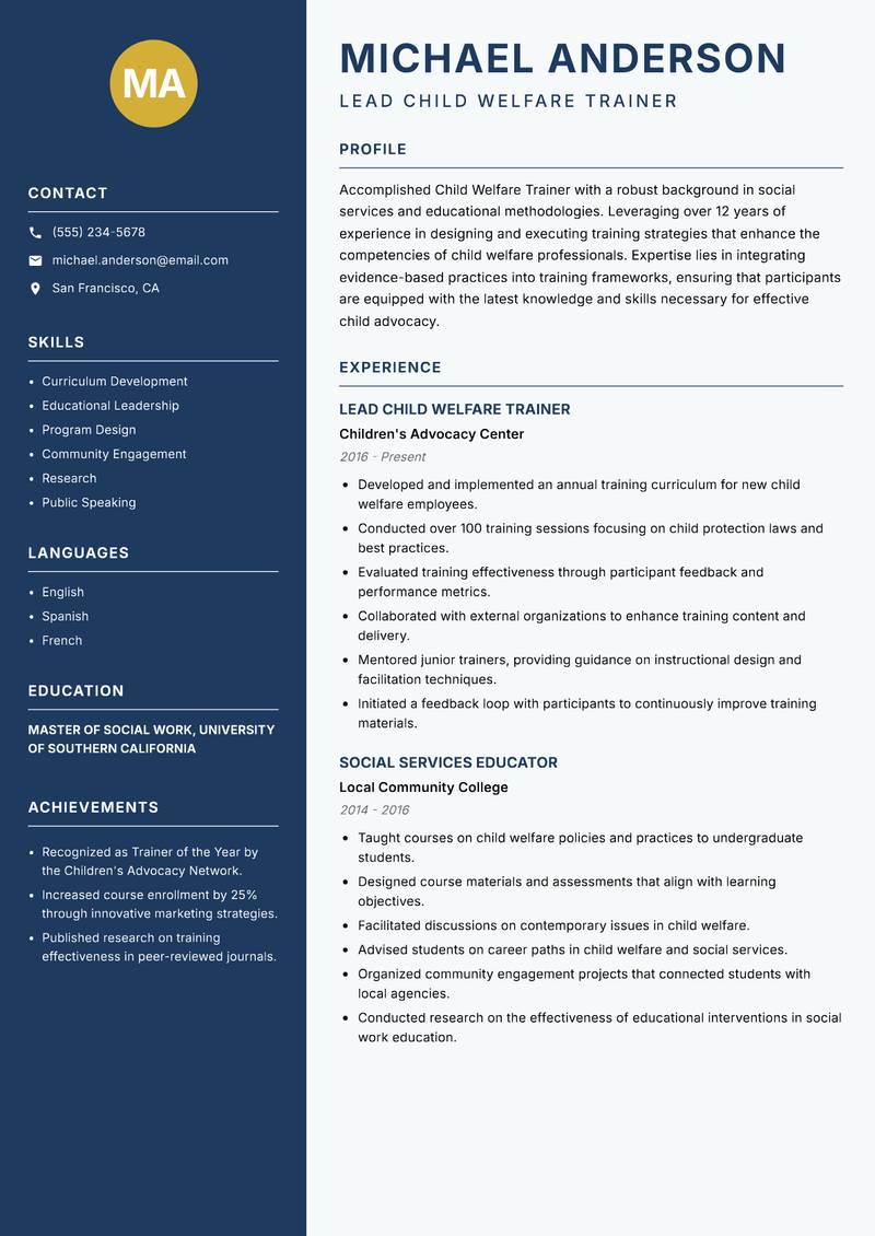Child Welfare Trainer resume sample — Lead Child Welfare Trainer focus