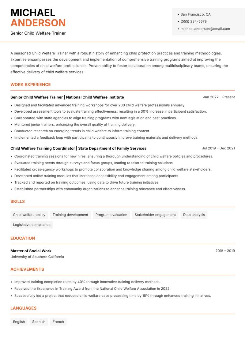 Child Welfare Trainer resume sample — Senior Child Welfare Trainer focus