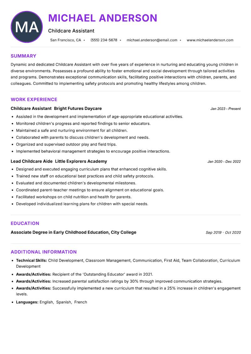 Childcare Assistant resume example