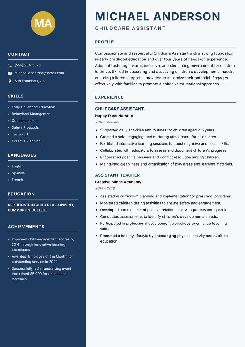 Childcare Assistant resume sample — Childcare Assistant focus