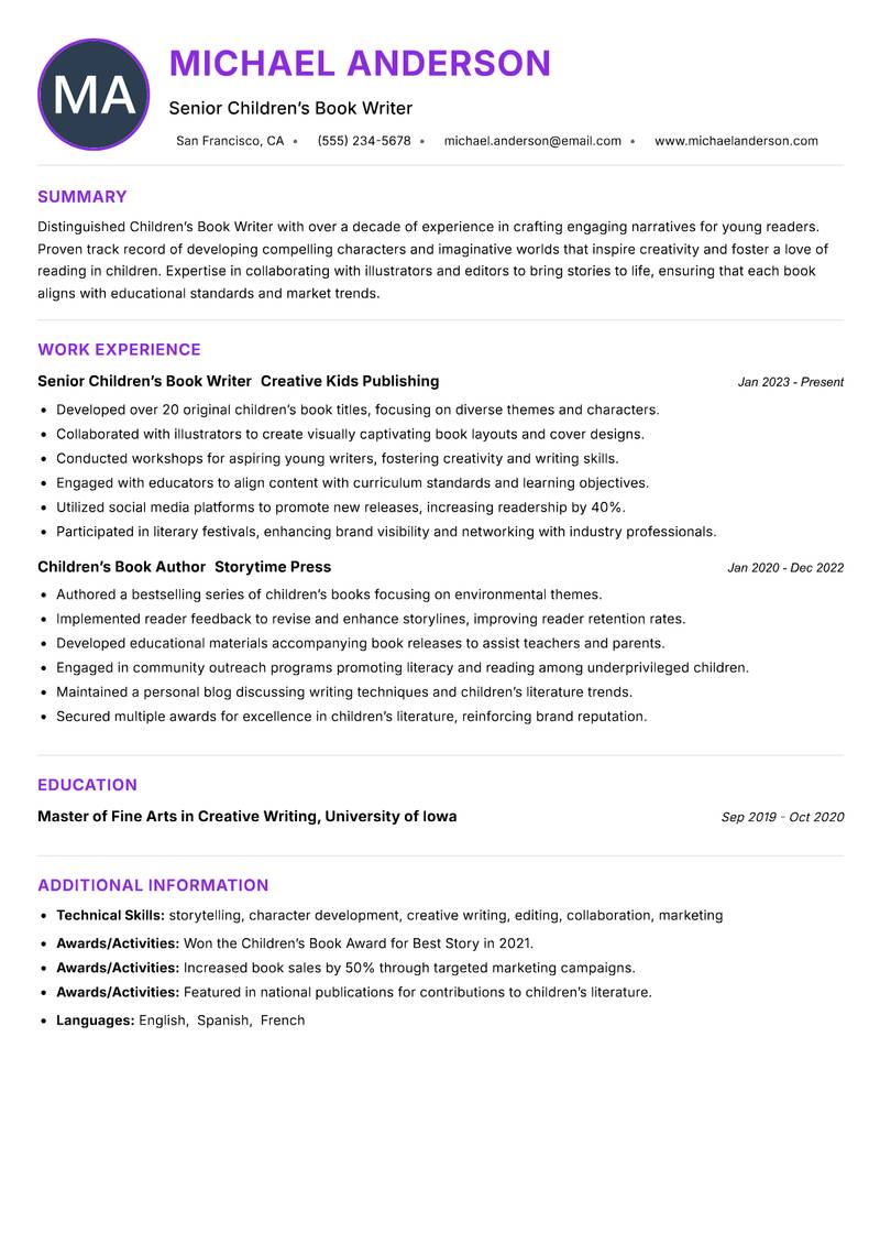 Children’s Book Writer resume example