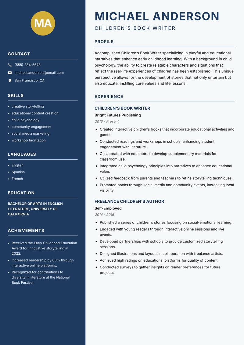 Children’s Book Writer resume sample — Children’s Book Writer focus