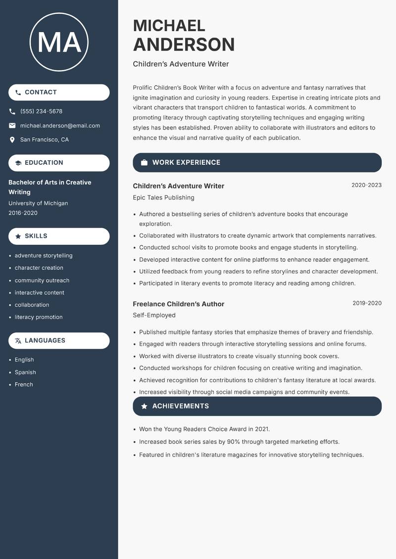Children’s Book Writer resume sample — Children’s Adventure Writer focus