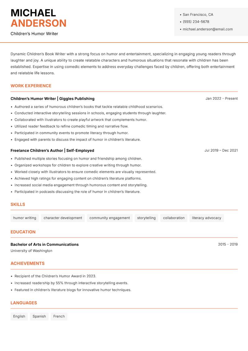 Children’s Book Writer resume sample — Children’s Humor Writer focus
