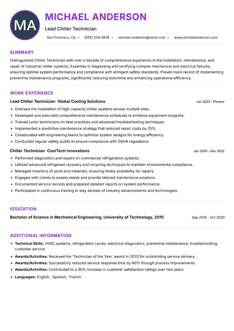 Chiller Technician resume example