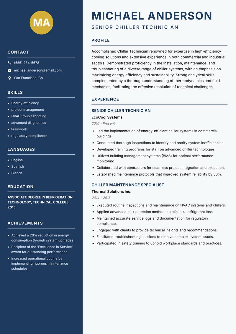 Chiller Technician resume sample — Senior Chiller Technician focus