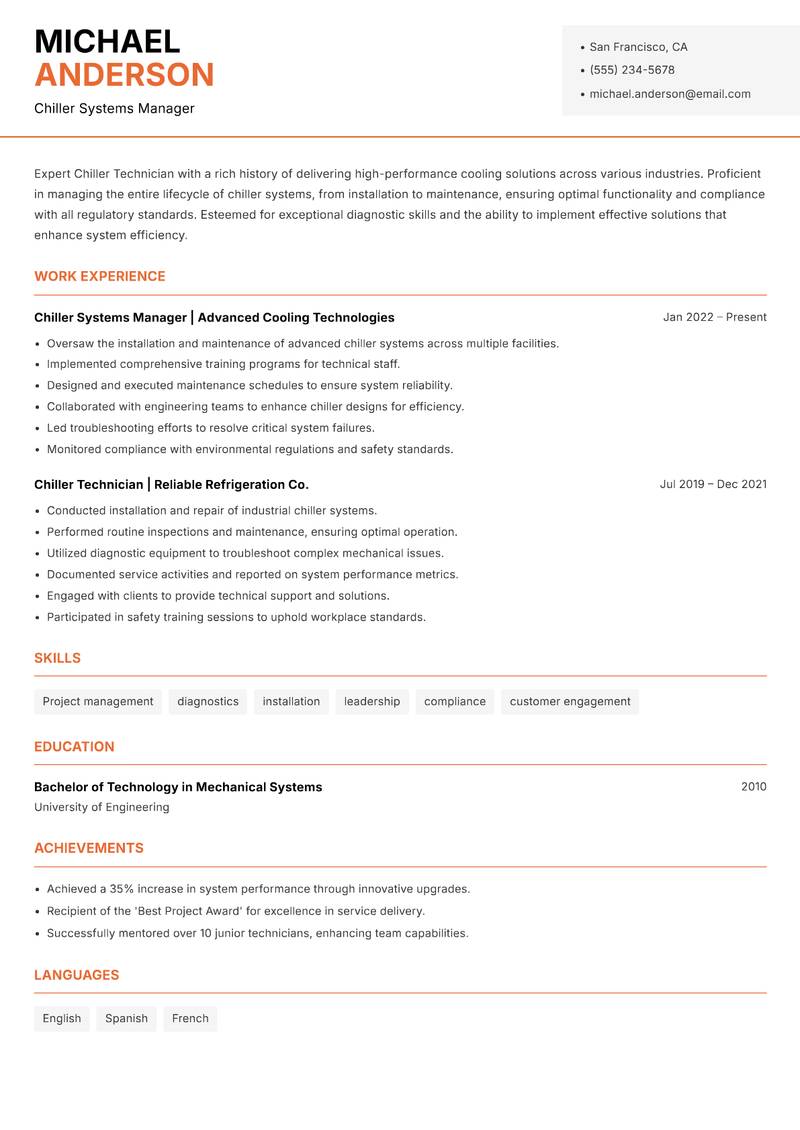 Chiller Technician resume sample — Chiller Systems Manager focus