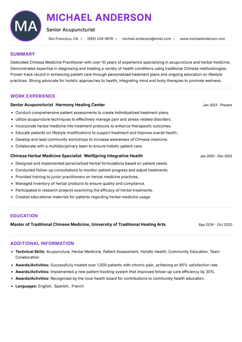 Chinese Medicine Practitioner resume example