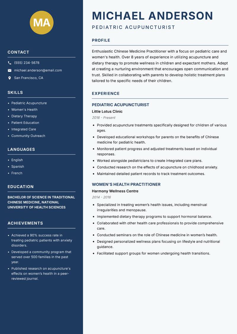 Chinese Medicine Practitioner resume sample — Pediatric Acupuncturist focus