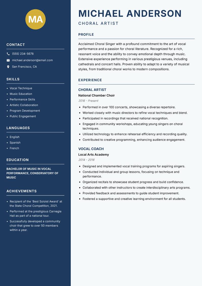 Choral Singer resume sample — Choral Artist focus