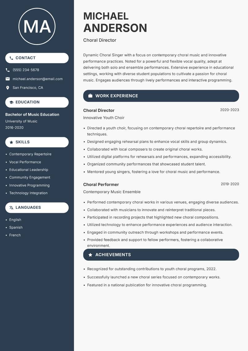 Choral Singer resume sample — Choral Director focus