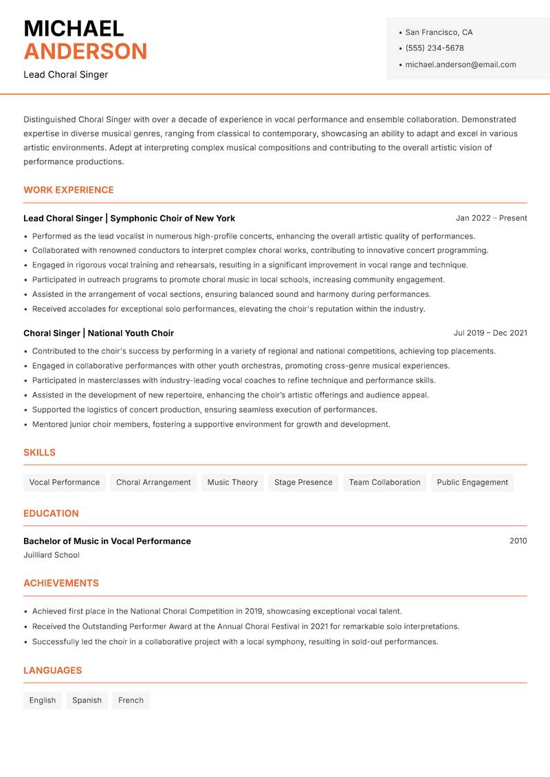 Choral Singer resume sample — Lead Choral Singer focus