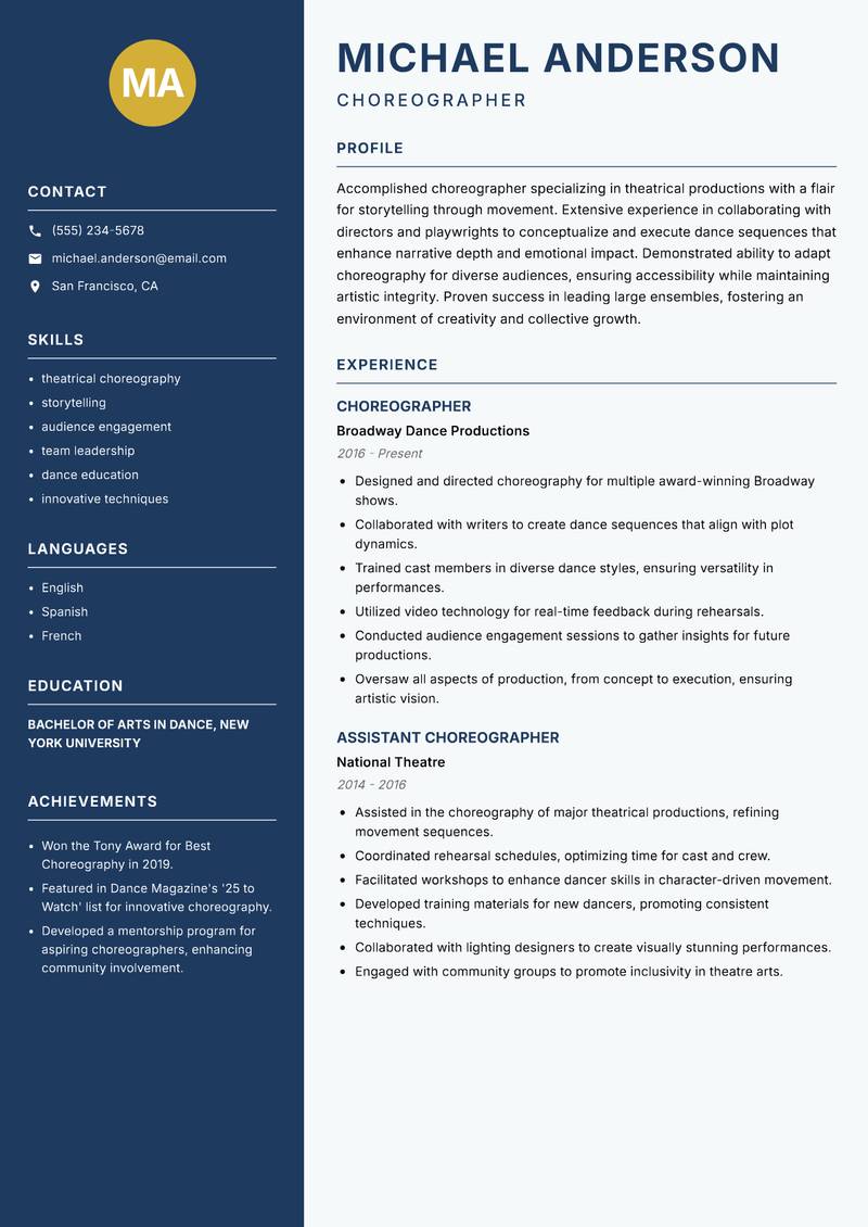 Choreographer resume sample — Choreographer focus