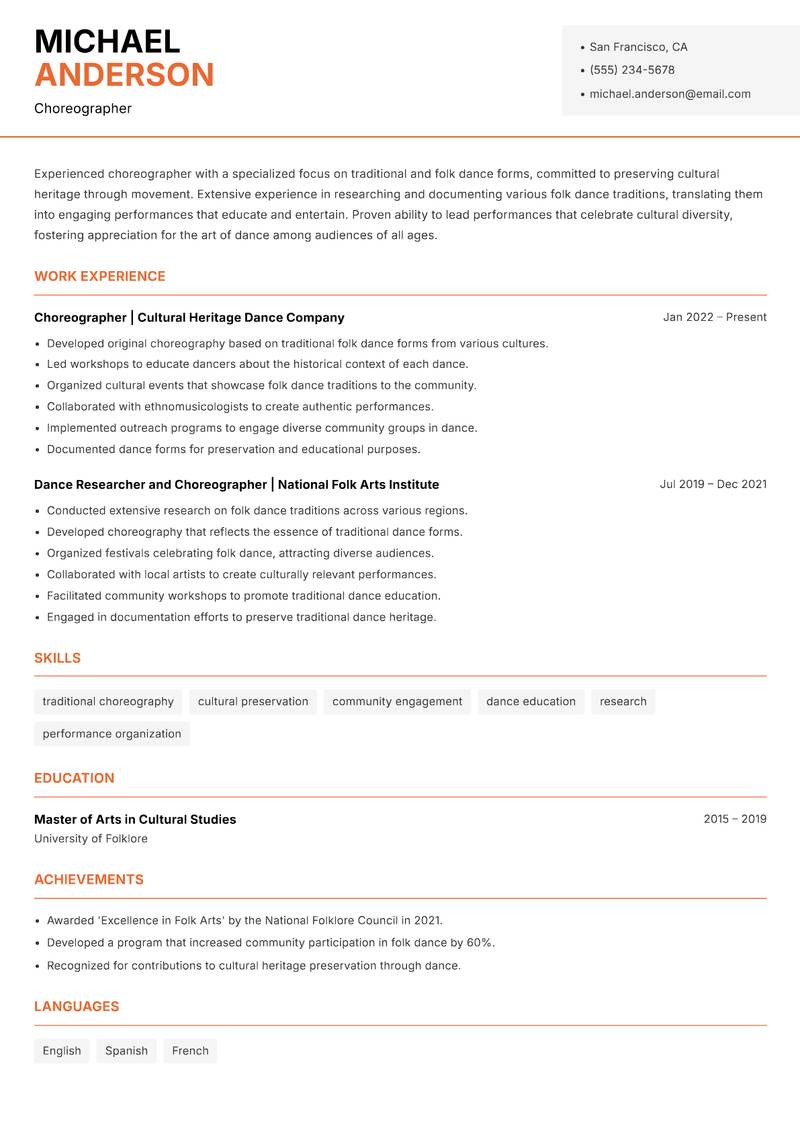Choreographer resume sample — Choreographer focus