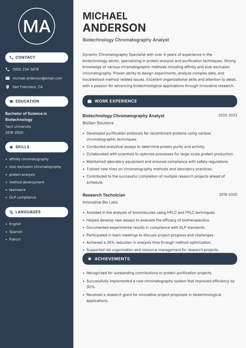 Chromatography Specialist resume sample — Biotechnology Chromatography Analyst focus