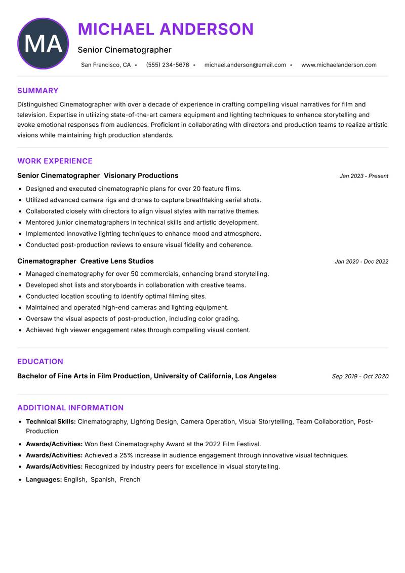 Cinematographer resume example