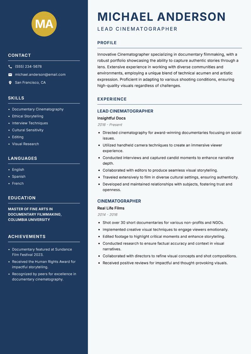 Cinematographer resume sample — Lead Cinematographer focus