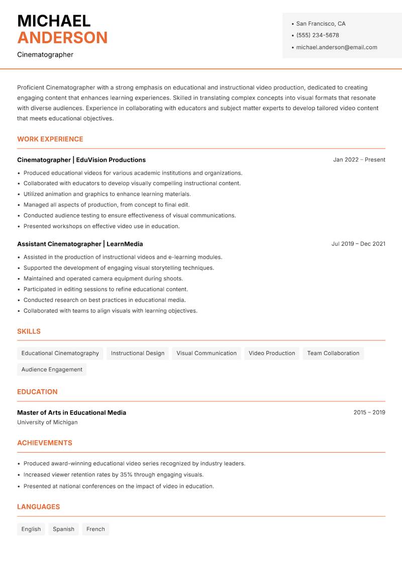 Cinematographer resume sample — Cinematographer focus