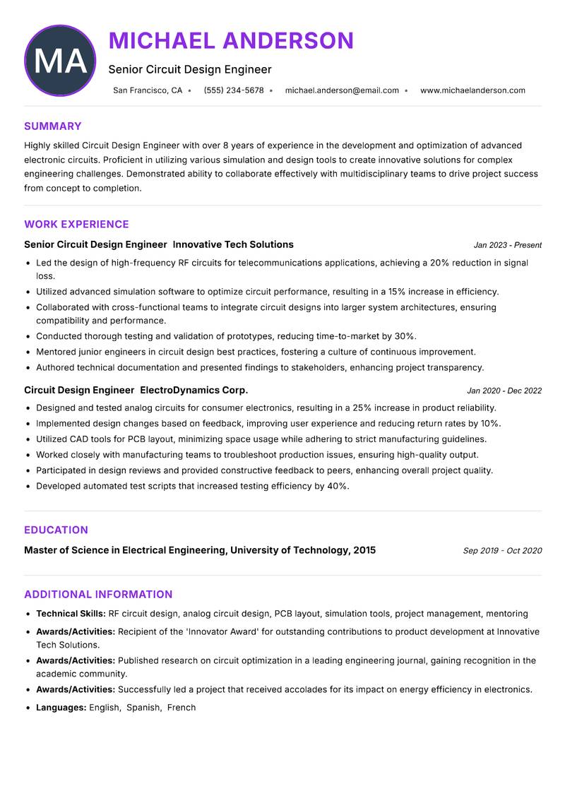 Circuit Design Engineer resume example