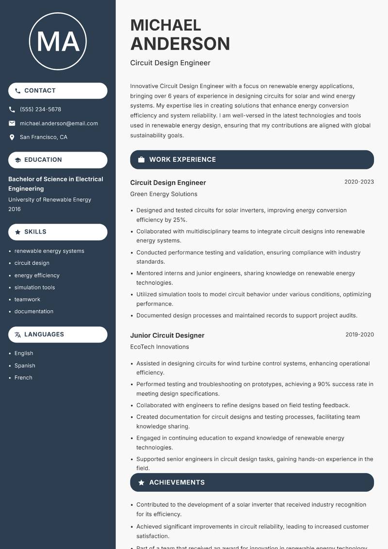 Circuit Design Engineer resume sample — Circuit Design Engineer focus