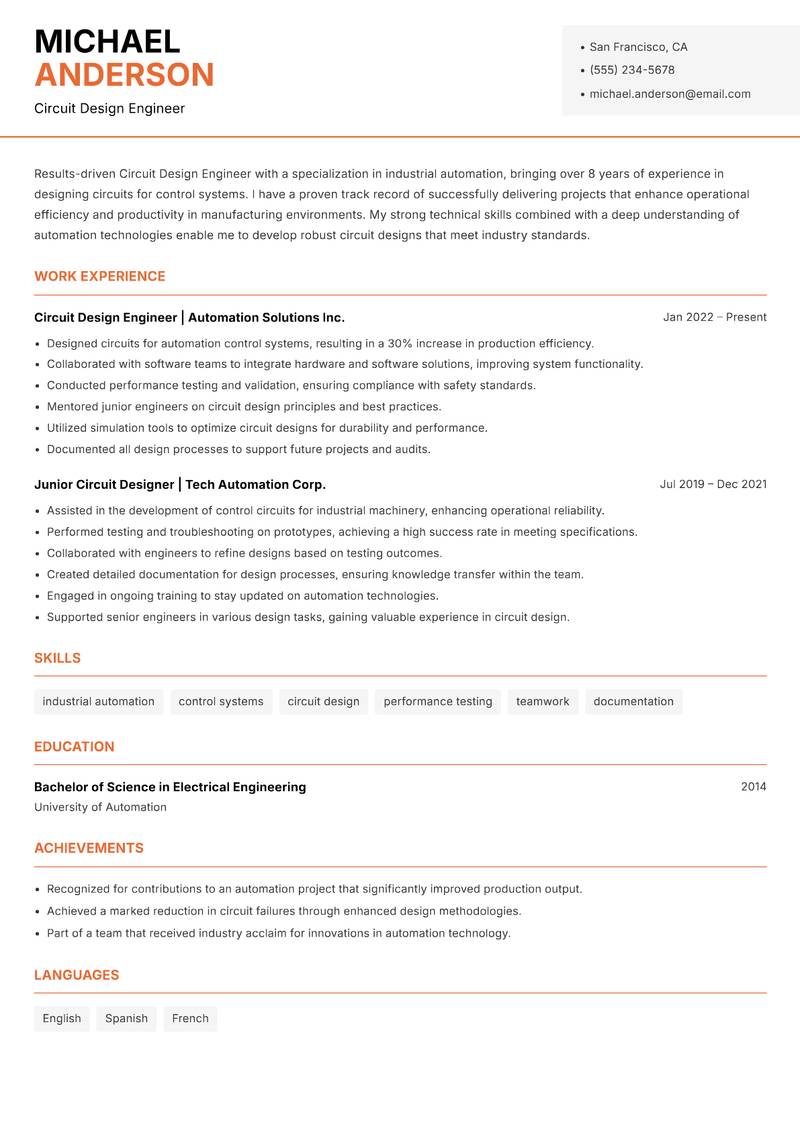 Circuit Design Engineer resume sample — Circuit Design Engineer focus