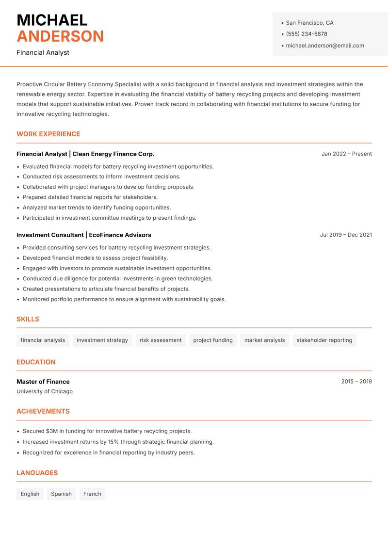 Circular Battery Economy Specialist resume sample — Financial Analyst focus
