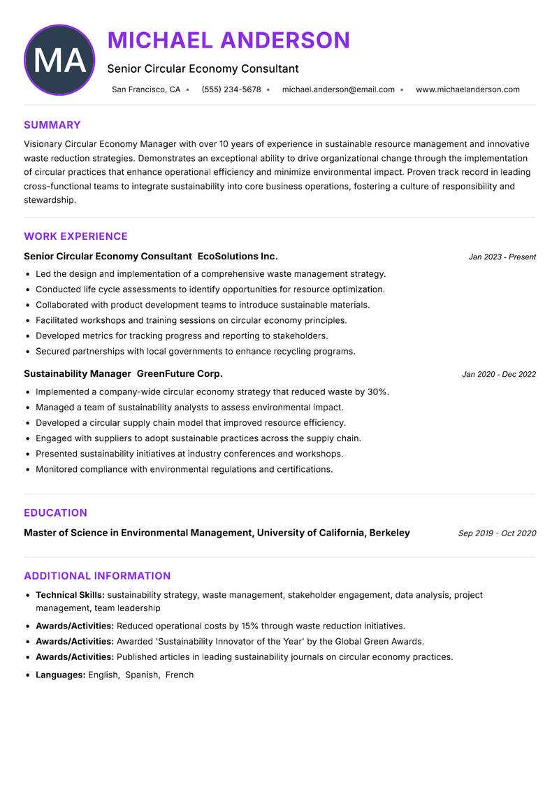 Circular Economy Manager resume example — Sustainability