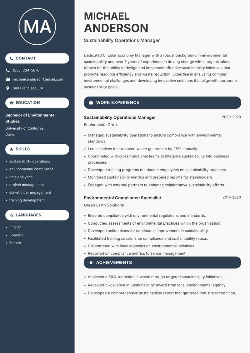 Circular Economy Manager resume sample — Sustainability Operations Manager focus