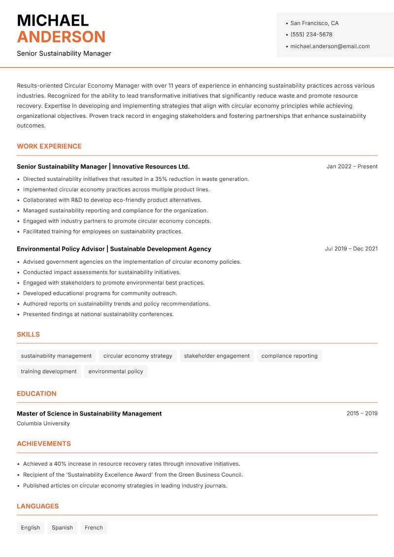 Circular Economy Manager resume sample — Senior Sustainability Manager focus