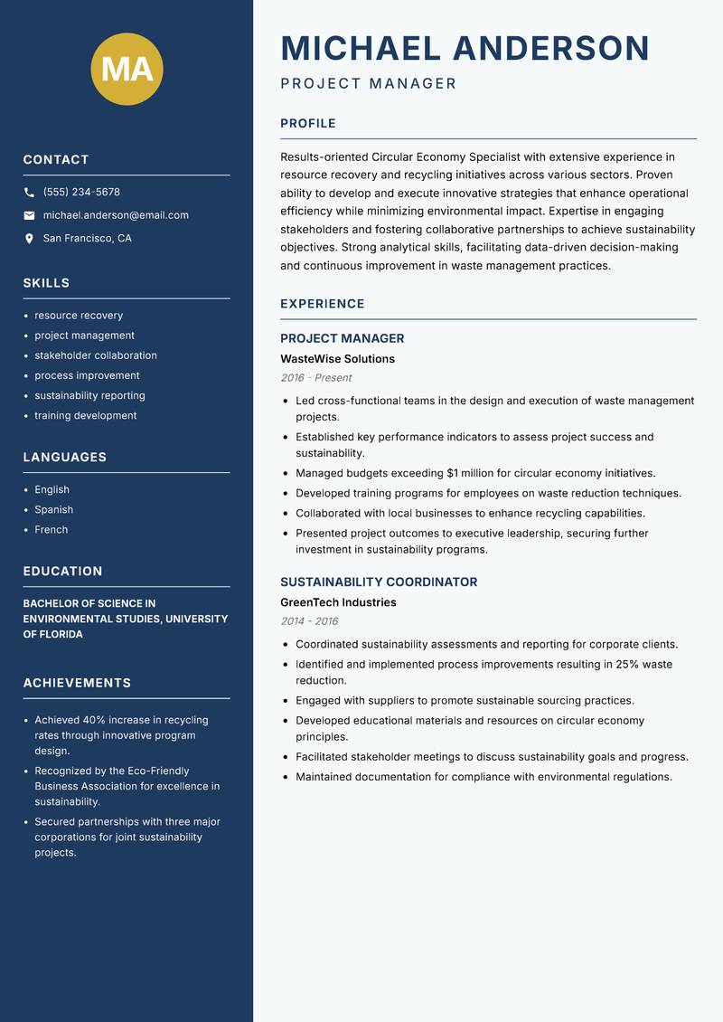 Circular Economy Specialist resume sample — Project Manager focus