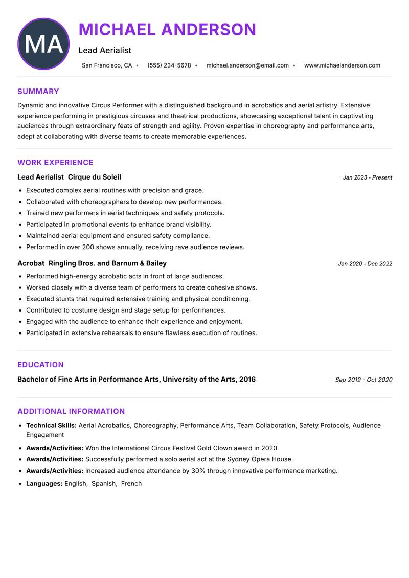 Circus Performer resume example