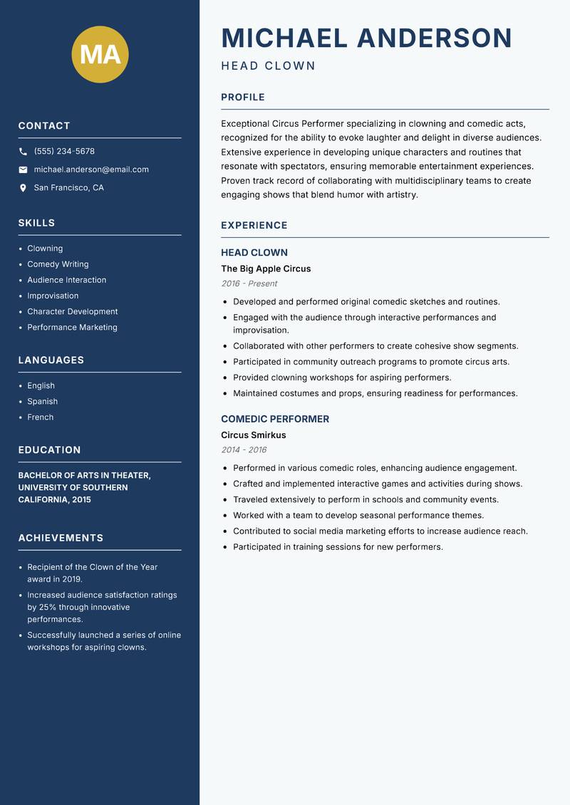 Circus Performer resume sample — Head Clown focus