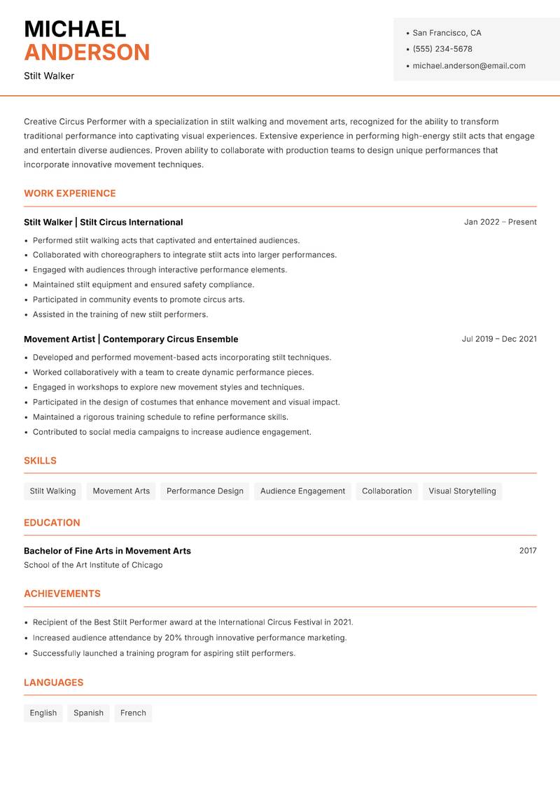 Circus Performer resume sample — Stilt Walker focus