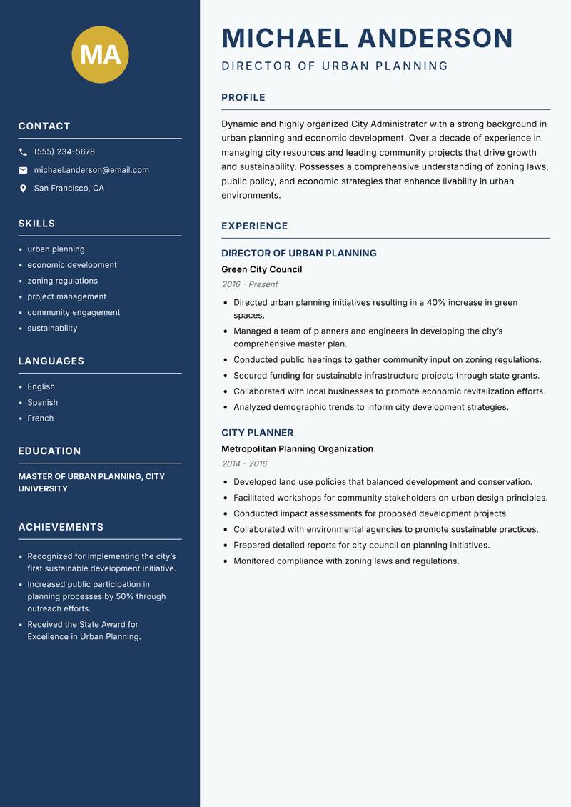 City Administrator resume sample — Director of Urban Planning focus