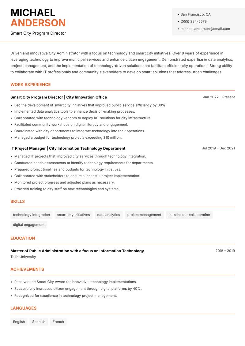 City Administrator resume sample — Smart City Program Director focus