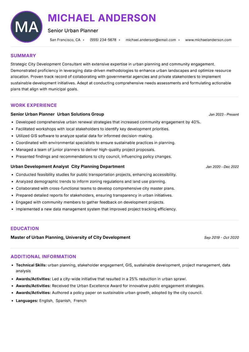 City Development Consultant resume example