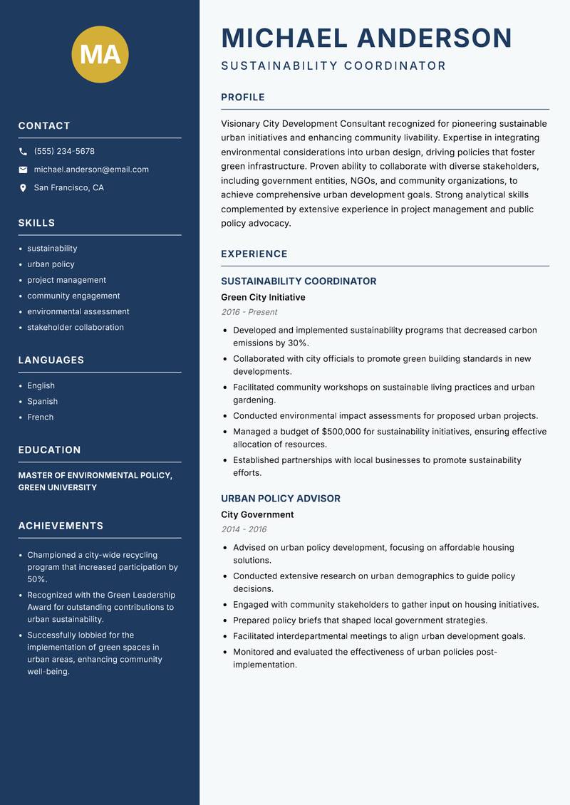 City Development Consultant resume sample — Sustainability Coordinator focus