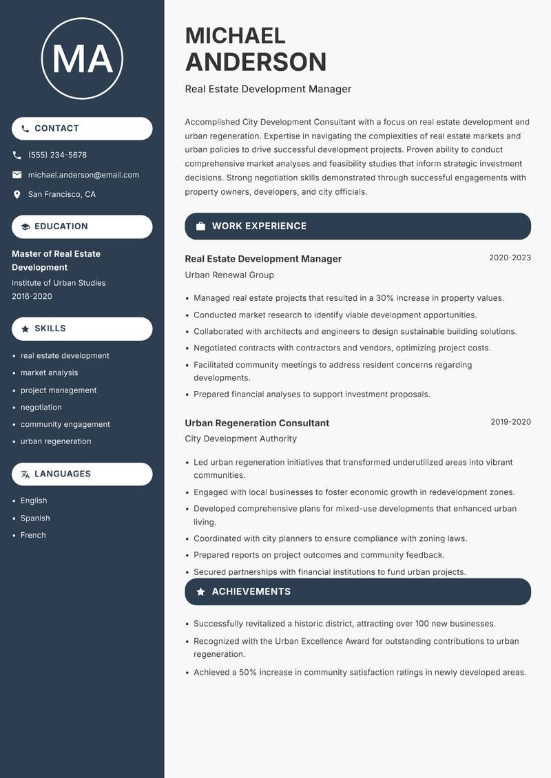 City Development Consultant resume sample — Real Estate Development Manager focus